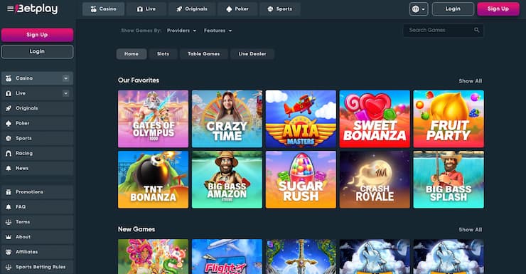 Site display from BetPlay, a major player among bitcoin casinos.